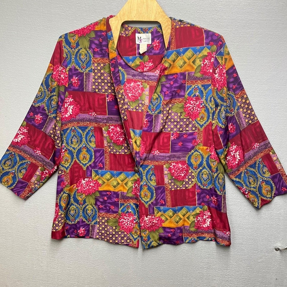 VTG 80s Maggie Sweet Jacket Womens Plus Floral Art To Wear Gold Medallion Button